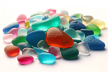 Colorful Sea Glass Stones On Isolated White Background. Generative Ai