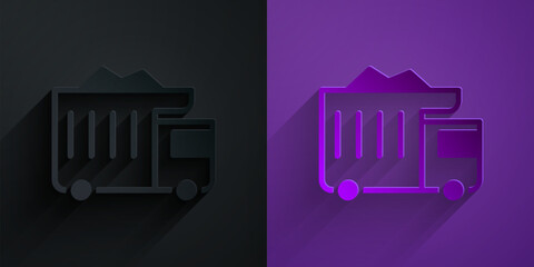 Paper cut Large industrial mining dump truck icon isolated on black on purple background. Big car. Paper art style. Vector