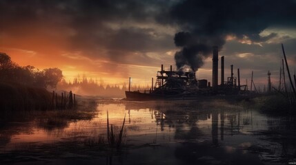 Fototapeta premium An industrial site at sunset with water and smoke. Photo that draws attention to air pollution. Generative AI
