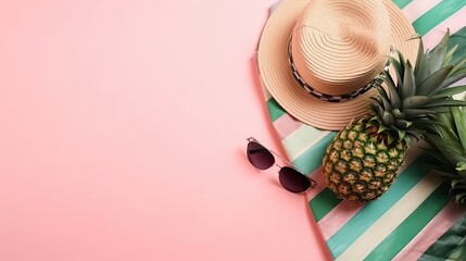 Beach hat sunglasses summer beach tropical vibe plain pink color background AI Generated