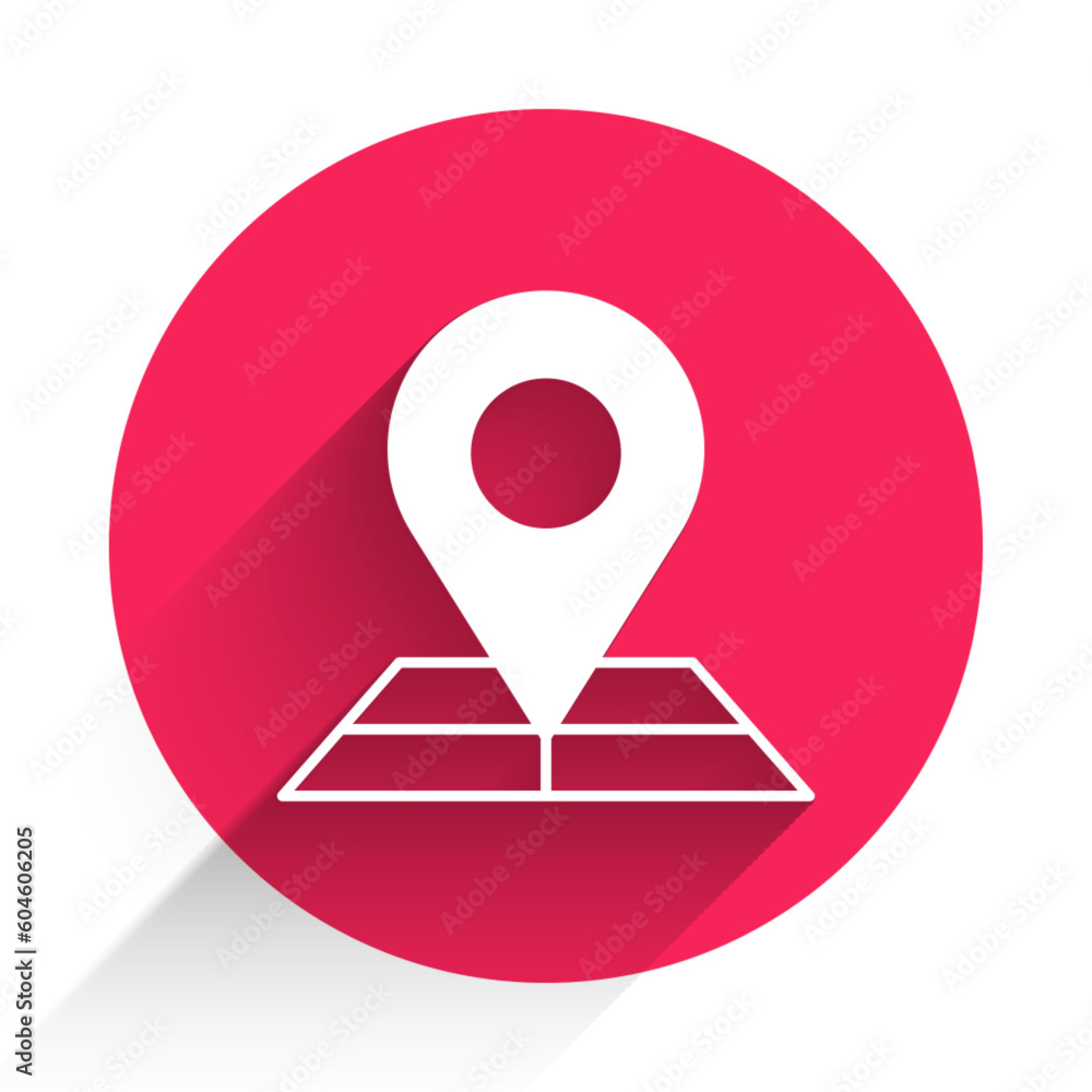 Poster white folded map with location marker icon isolated with long shadow background. red circle button. 