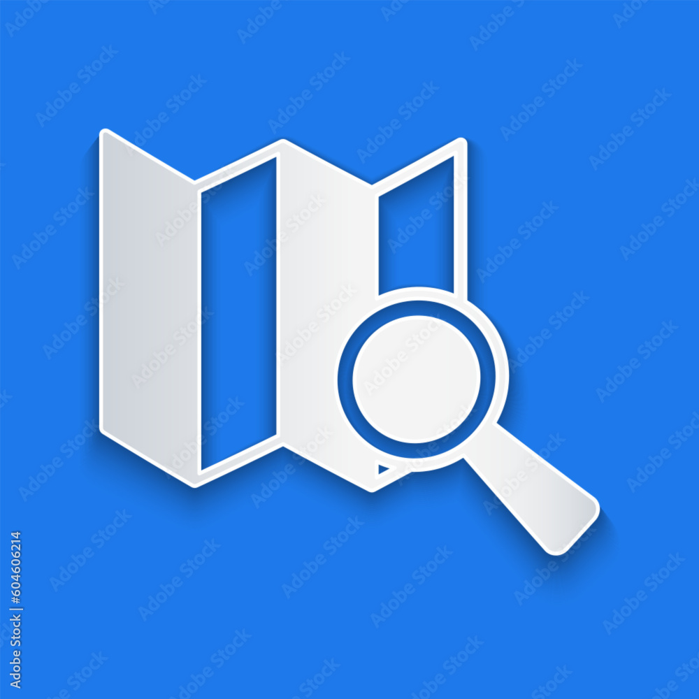Poster paper cut search location icon isolated on blue background. magnifying glass with pointer sign. pape