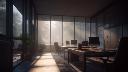 Open-plan office surrounded by lush greenery, providing a calming work environment. Created by AI