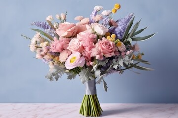 A bouquet of flowers on a table. Cute and soft colorful flowers. Generative AI
