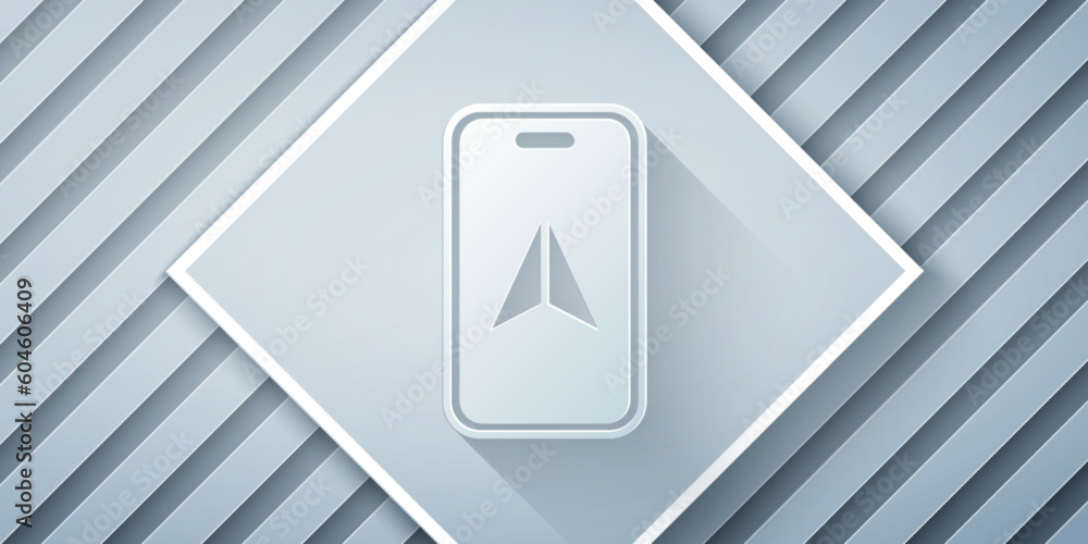 Poster paper cut infographic of city map navigation icon isolated on grey background. mobile app interface 