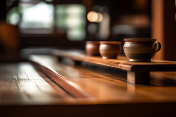Fototapeta na wymiar wooden table in a traditional Japanese tea house. generative AI