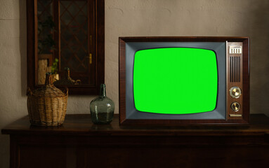 footage of Dated TV Set with Green Screen Mock Up Chroma Key Template Display, Nostalgic living...