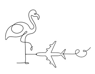 Silhouette of abstract flamingo and plane as line drawing on white