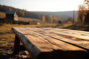 wooden table in a village blurred background. generative AI