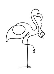 Silhouette of abstract flamingo and heart as line drawing on white