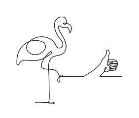 Silhouette of abstract flamingo and hand as line drawing on white