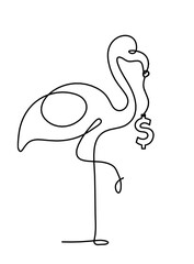 Silhouette of abstract flamingo and dollar as line drawing on white