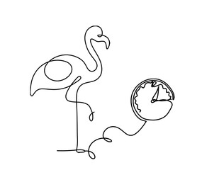 Fototapeta premium Silhouette of abstract flamingo and clock as line drawing on white