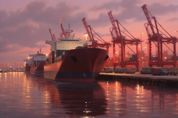 Fototapeta na wymiar Container ships docked in a port at sunset. Generative AI