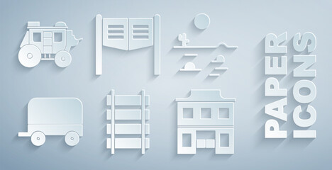 Set Railway, railroad track, Desert landscape with cactus, Wild west covered wagon, saloon, Saloon door and Western stagecoach icon. Vector