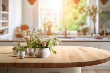 Fototapeta na wymiar Kitchen table top blank blurred photo. Generative AI