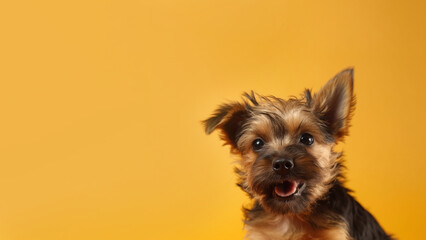 Australian terrier dog on yellow background with copy space (Generative AI)