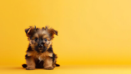Australian terrier dog on yellow background with copy space (Generative AI)
