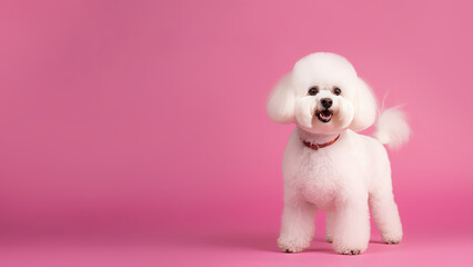 Bichon frise dog on pink background with copy space (Generative AI)