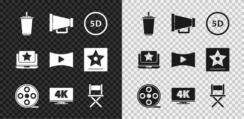 Set Paper glass with water, Megaphone, 5d virtual reality, Film reel, Screen tv 4k, Director movie chair, Laptop star and Online play video icon. Vector