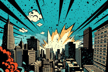 pop art city skyline scene, in the style of comic. generative AI