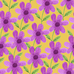 Simple purple and yellow flowers, cute pattern. Watercolor illustration, summer cute motif isolated on white background. Cartoon style.