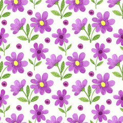 Simple purple flowers, cute pattern.Vintage pattern for wallpaper design. Seamless geometric pattern, modern print. White color 