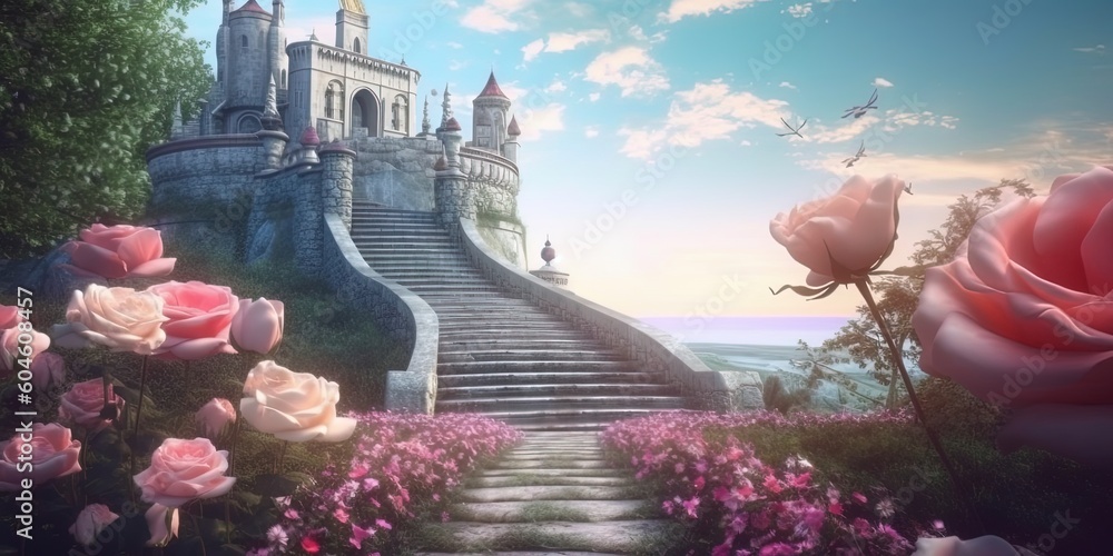 Wall mural summer beautiful landscape of wonderland with roses and an old castle, by ai generative