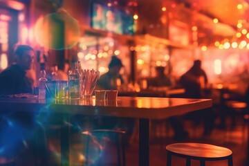 Fototapeta na wymiar Blurred background of people sitting at restaurant. Bar or night club with lights bokeh. Generative AI