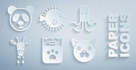 Set Bag of food, Octopus, Giraffe head, Cat, Puffer fish and Cute panda face icon. Vector © Vadim