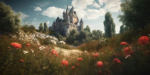 Foto op Aluminium summer beautiful landscape of wonderland with roses and an old castle, by ai generative © YuDwi Studio