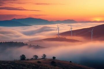 Wind turbines in the mountains at sunset. Generative AI