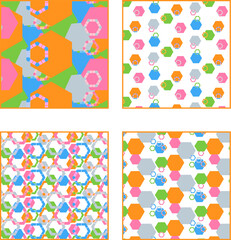 A set of bright abstract patterns of geometric shapes.