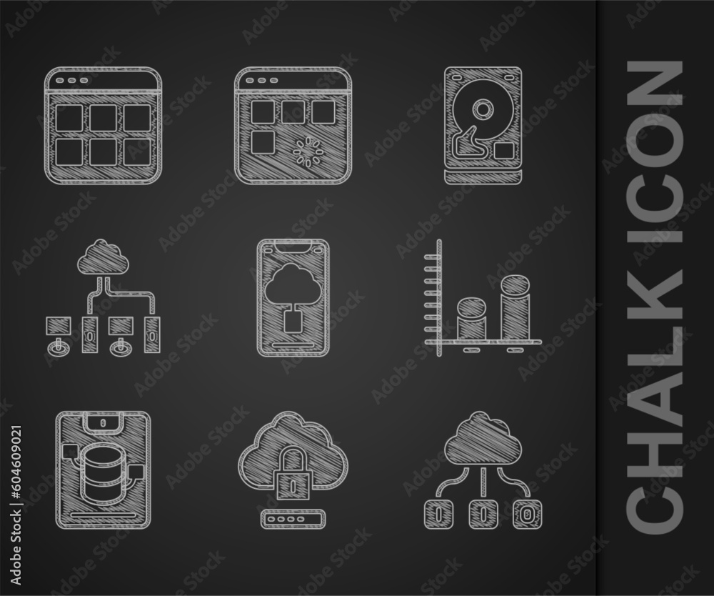 Poster set cloud technology data transfer, computing lock, data analysis, server, data, web hosting, comput