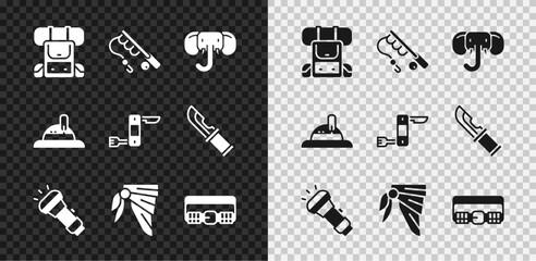 Set Hiking backpack, Fishing rod, Elephant, Flashlight, Bandana or biker scarf, Hunting cartridge belt, Hunter hat and Swiss army knife icon. Vector