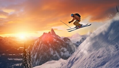 Skier jumping on a snowy mountain. Generative AI
