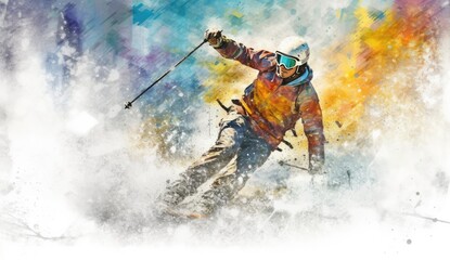 Skier jumping on a snowy mountain. Generative AI