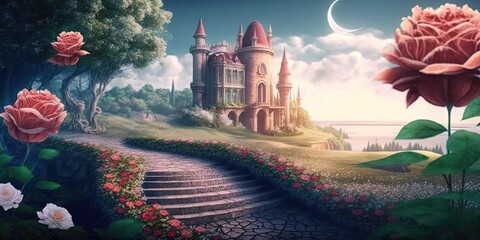 summer beautiful landscape of wonderland with roses and an old castle, by ai generative - obrazy, fototapety, plakaty