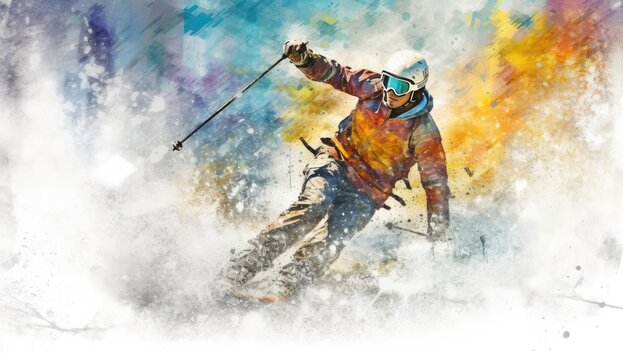 Skier jumping on a snowy mountain. Generative AI © Mustafa