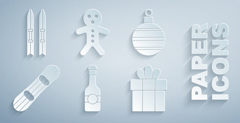Set Champagne bottle, Christmas ball, Snowboard, Gift box, Holiday gingerbread man cookie and Ski and sticks icon. Vector