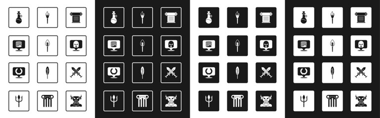 Set Decree, parchment, scroll, Torch flame, Ancient column, Bottle of olive oil, Greek helmet, Crossed medieval sword and Laurel wreath icon. Vector