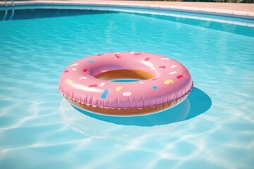 Fototapeta na wymiar Pink donut float in swimming pool. Generative AI
