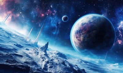 Space planets and stars in space. 3d landscape photo. Generative AI