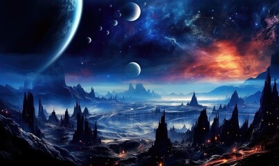 Fototapeta premium Space planets and stars in space. 3d landscape photo. Generative AI