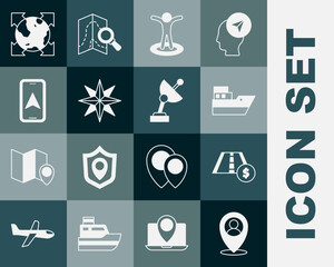 Set Location with person, Toll road traffic sign, Ship line path, Wind rose, City map navigation, World globe compass and Radar icon. Vector