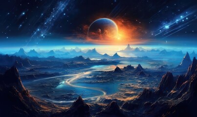 Space planets and stars in space. 3d landscape photo. Generative AI