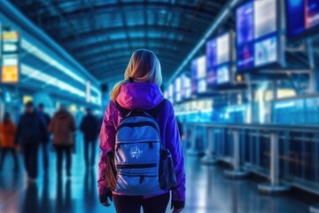 Naklejka premium A woman walking in an airport with a backpack. back view photo. Generative AI