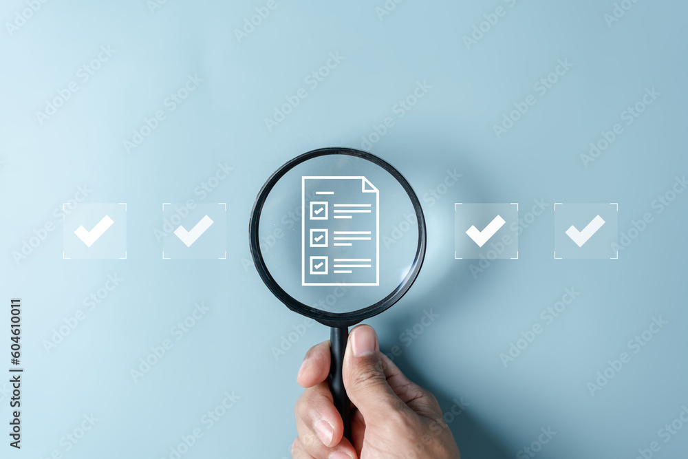 Fototapete Document Management System Check mark, online documentation database and process automation to efficiently manage files, knowledge and documentation in enterprise. Corporate business technology, DMS