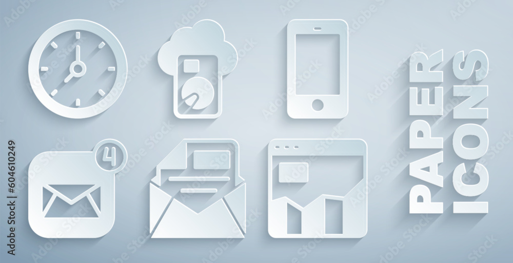 Poster set mail and e-mail, mobile phone, envelope, graph chart infographic, cloud database and clock icon.