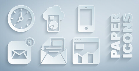 Set Mail and e-mail, Mobile phone, Envelope, Graph chart infographic, Cloud database and Clock icon. Vector